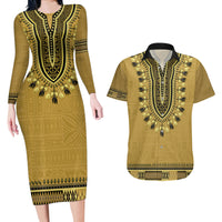 Gold African Dashiki With Fijian Tapa Pattern Couples Matching Long Sleeve Bodycon Dress and Hawaiian Shirt LT14 Gold - Polynesian Pride