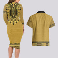 Gold African Dashiki With Fijian Tapa Pattern Couples Matching Long Sleeve Bodycon Dress and Hawaiian Shirt LT14 - Polynesian Pride