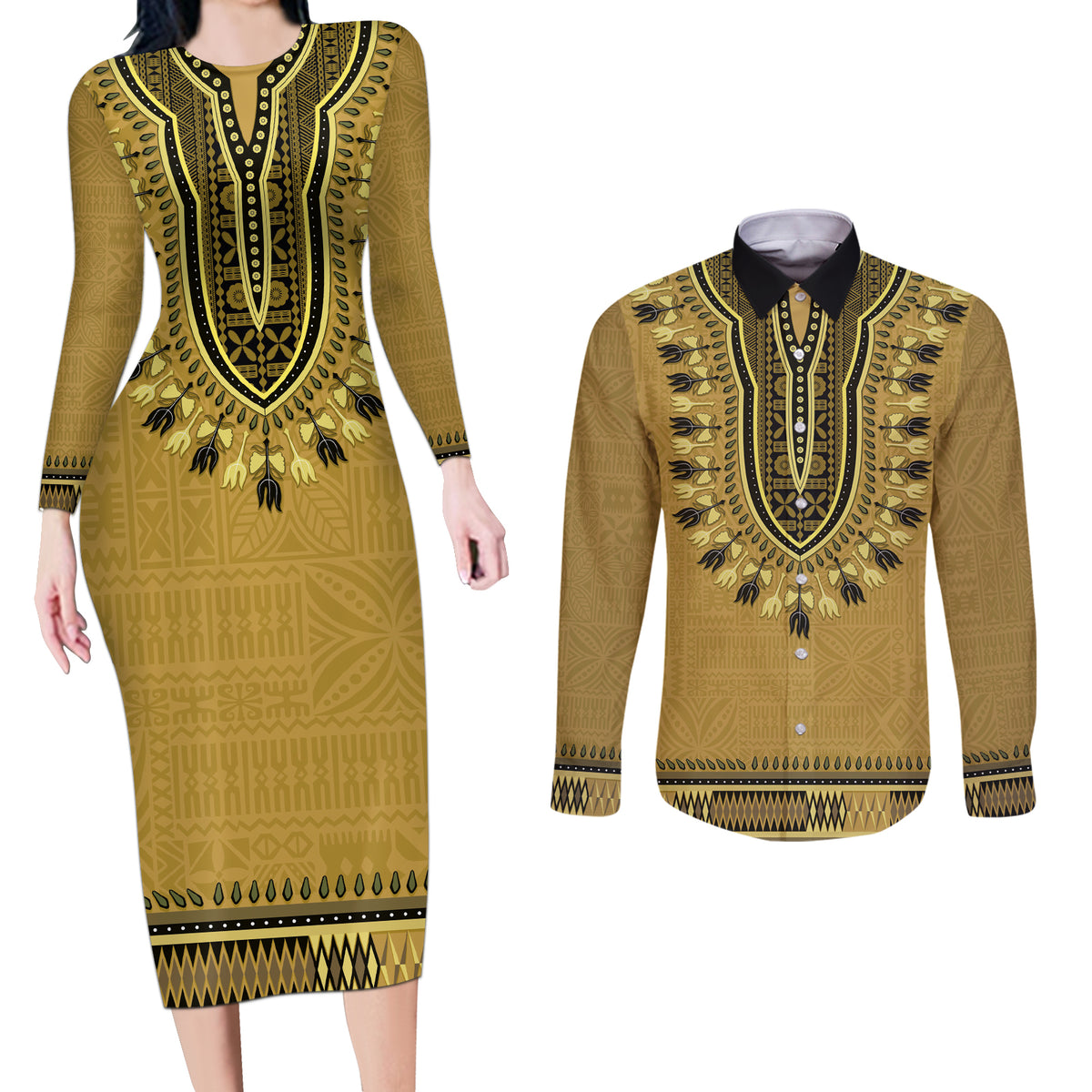 Gold African Dashiki With Fijian Tapa Pattern Couples Matching Long Sleeve Bodycon Dress and Long Sleeve Button Shirt LT14 Gold - Polynesian Pride