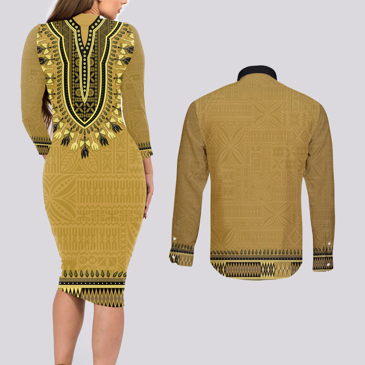 Gold African Dashiki With Fijian Tapa Pattern Couples Matching Long Sleeve Bodycon Dress and Long Sleeve Button Shirt LT14 - Polynesian Pride