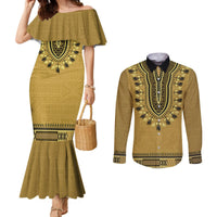 Gold African Dashiki With Fijian Tapa Pattern Couples Matching Mermaid Dress and Long Sleeve Button Shirt