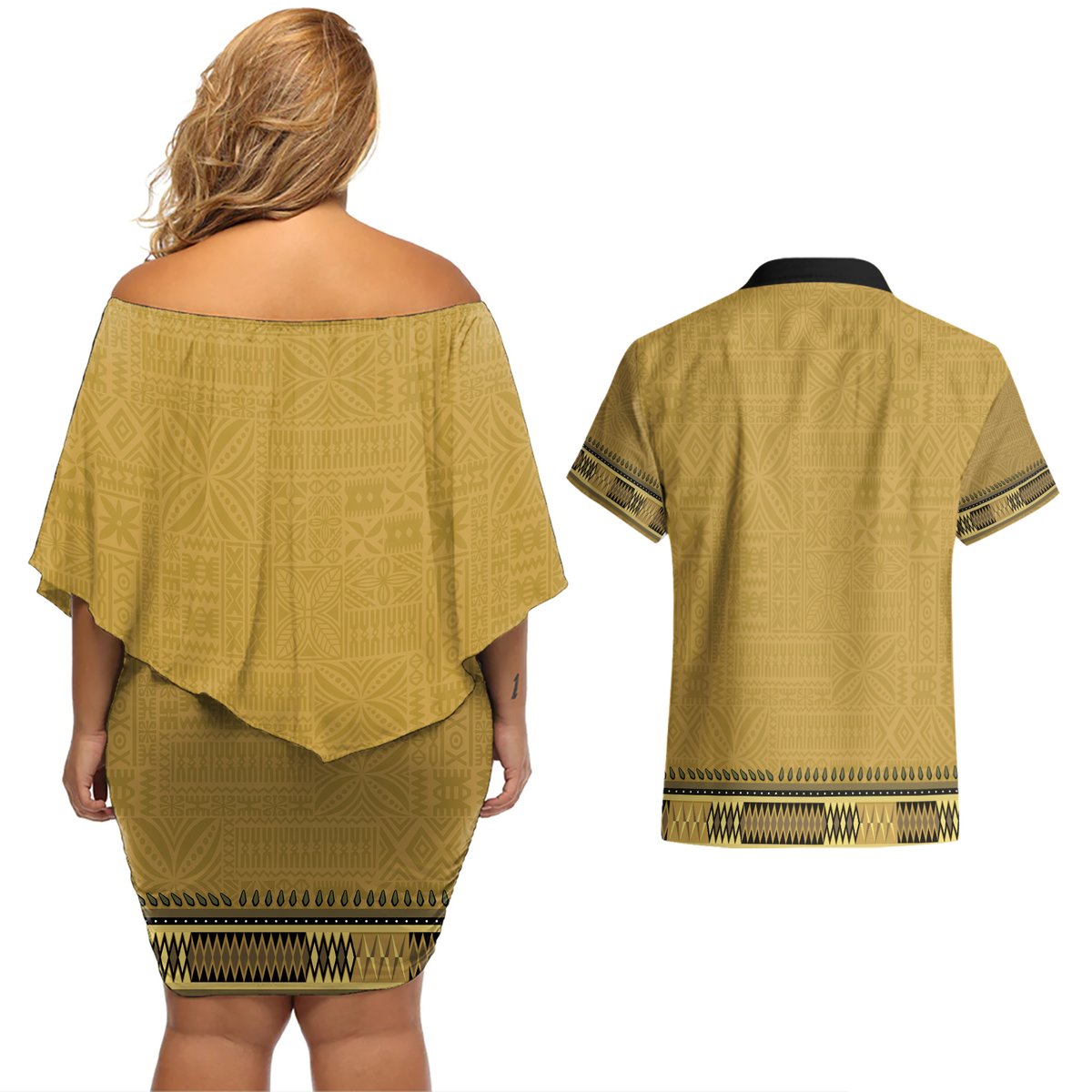 Gold African Dashiki With Fijian Tapa Pattern Couples Matching Off Shoulder Short Dress and Hawaiian Shirt LT14 - Polynesian Pride