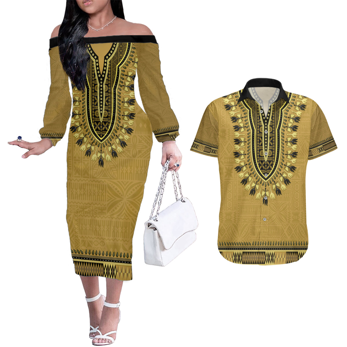 Gold African Dashiki With Fijian Tapa Pattern Couples Matching Off The Shoulder Long Sleeve Dress and Hawaiian Shirt LT14 Gold - Polynesian Pride