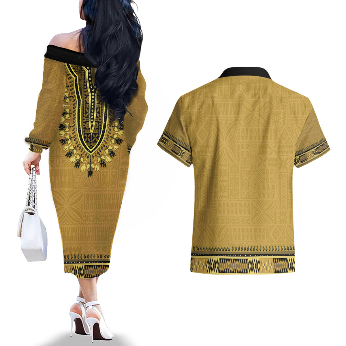 Gold African Dashiki With Fijian Tapa Pattern Couples Matching Off The Shoulder Long Sleeve Dress and Hawaiian Shirt LT14 - Polynesian Pride