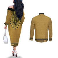Gold African Dashiki With Fijian Tapa Pattern Couples Matching Off The Shoulder Long Sleeve Dress and Long Sleeve Button Shirt LT14 - Polynesian Pride