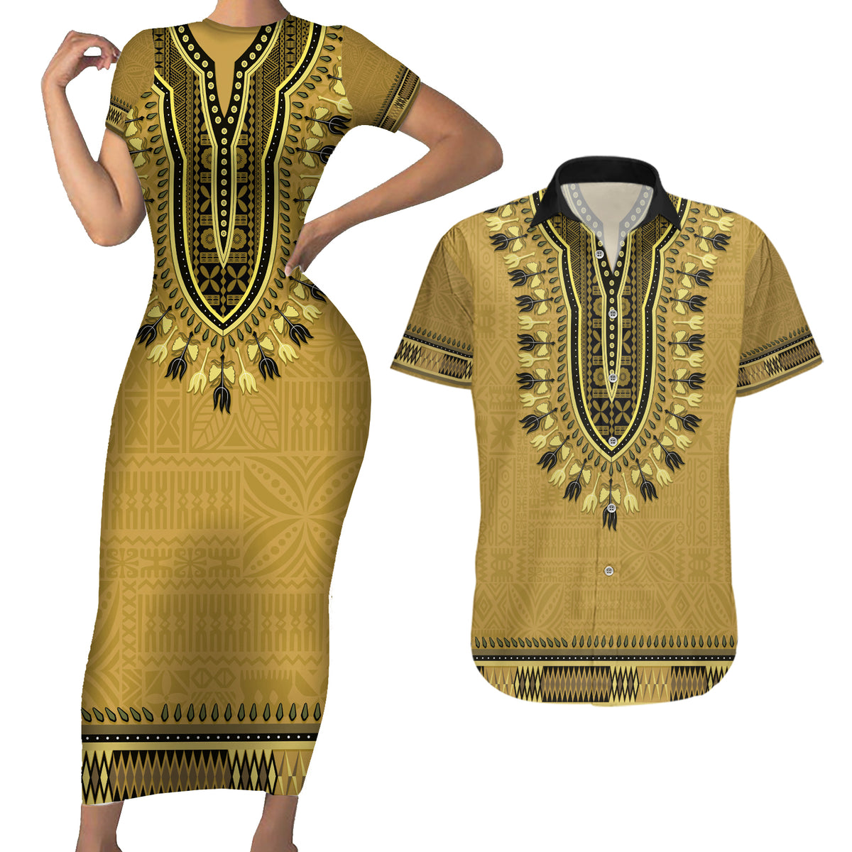 Gold African Dashiki With Fijian Tapa Pattern Couples Matching Short Sleeve Bodycon Dress and Hawaiian Shirt LT14 Gold - Polynesian Pride