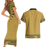 Gold African Dashiki With Fijian Tapa Pattern Couples Matching Short Sleeve Bodycon Dress and Hawaiian Shirt LT14 - Polynesian Pride