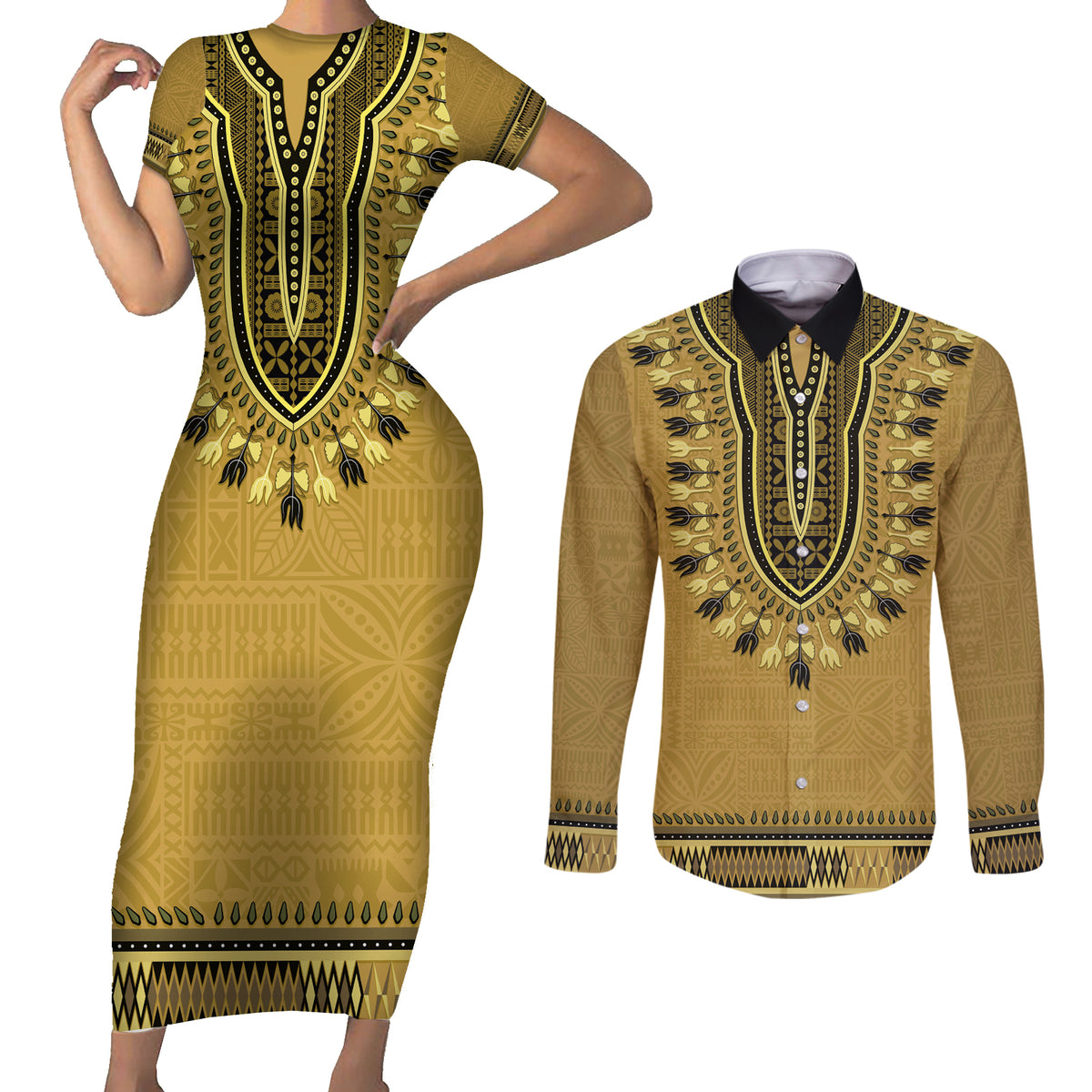 Gold African Dashiki With Fijian Tapa Pattern Couples Matching Short Sleeve Bodycon Dress and Long Sleeve Button Shirt LT14 Gold - Polynesian Pride