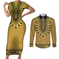 Gold African Dashiki With Fijian Tapa Pattern Couples Matching Short Sleeve Bodycon Dress and Long Sleeve Button Shirt LT14 Gold - Polynesian Pride
