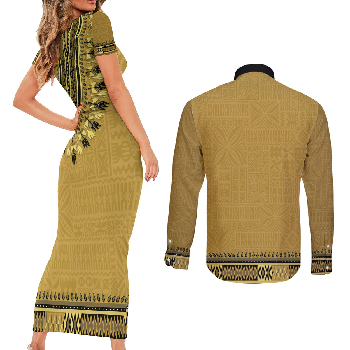 Gold African Dashiki With Fijian Tapa Pattern Couples Matching Short Sleeve Bodycon Dress and Long Sleeve Button Shirt LT14 - Polynesian Pride