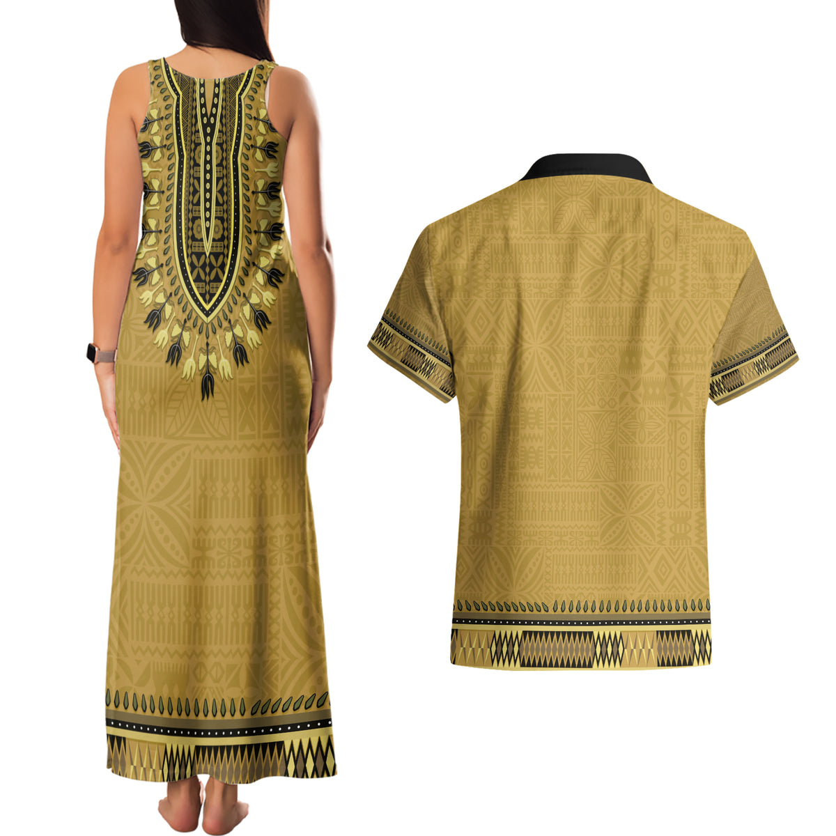 Gold African Dashiki With Fijian Tapa Pattern Couples Matching Tank Maxi Dress and Hawaiian Shirt LT14 - Polynesian Pride