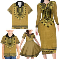 Gold African Dashiki With Fijian Tapa Pattern Family Matching Long Sleeve Bodycon Dress and Hawaiian Shirt LT14 - Polynesian Pride
