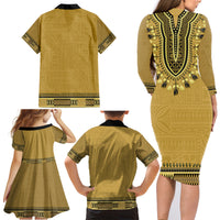 Gold African Dashiki With Fijian Tapa Pattern Family Matching Long Sleeve Bodycon Dress and Hawaiian Shirt LT14 - Polynesian Pride