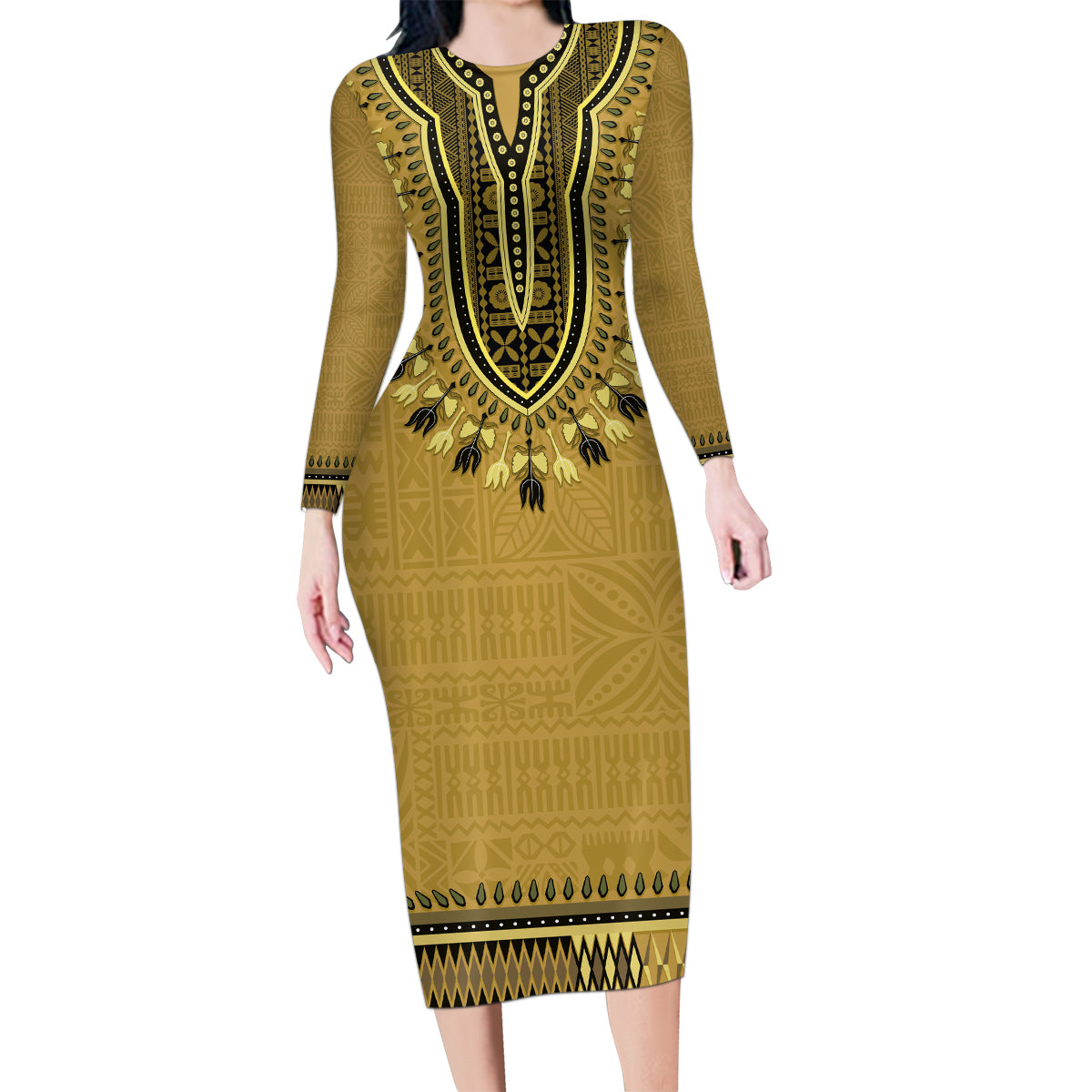 Gold African Dashiki With Fijian Tapa Pattern Family Matching Long Sleeve Bodycon Dress and Hawaiian Shirt LT14 Mom's Dress Gold - Polynesian Pride