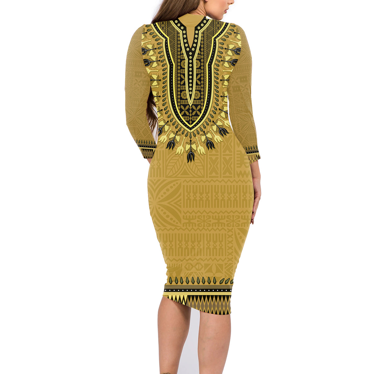 Gold African Dashiki With Fijian Tapa Pattern Family Matching Long Sleeve Bodycon Dress and Hawaiian Shirt LT14 - Polynesian Pride