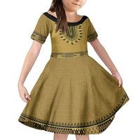 Gold African Dashiki With Fijian Tapa Pattern Family Matching Off The Shoulder Long Sleeve Dress and Hawaiian Shirt LT14 Daughter's Dress Gold - Polynesian Pride