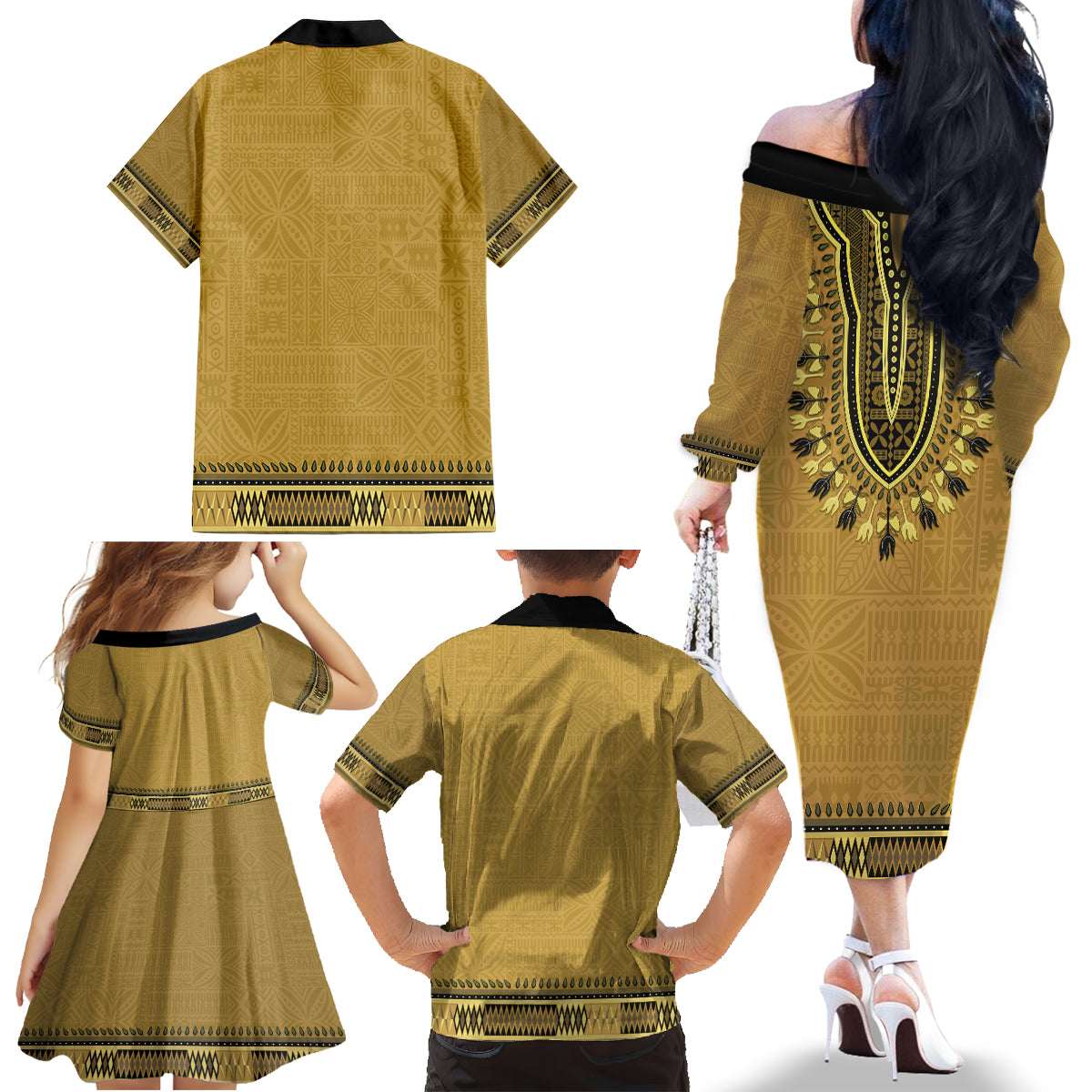 Gold African Dashiki With Fijian Tapa Pattern Family Matching Off The Shoulder Long Sleeve Dress and Hawaiian Shirt LT14 - Polynesian Pride