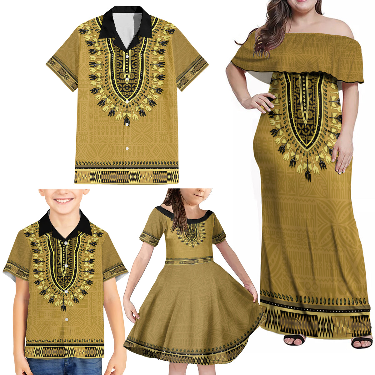 Gold African Dashiki With Fijian Tapa Pattern Family Matching Off Shoulder Maxi Dress and Hawaiian Shirt LT14 - Polynesian Pride