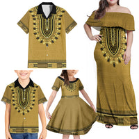 Gold African Dashiki With Fijian Tapa Pattern Family Matching Off Shoulder Maxi Dress and Hawaiian Shirt LT14 - Polynesian Pride