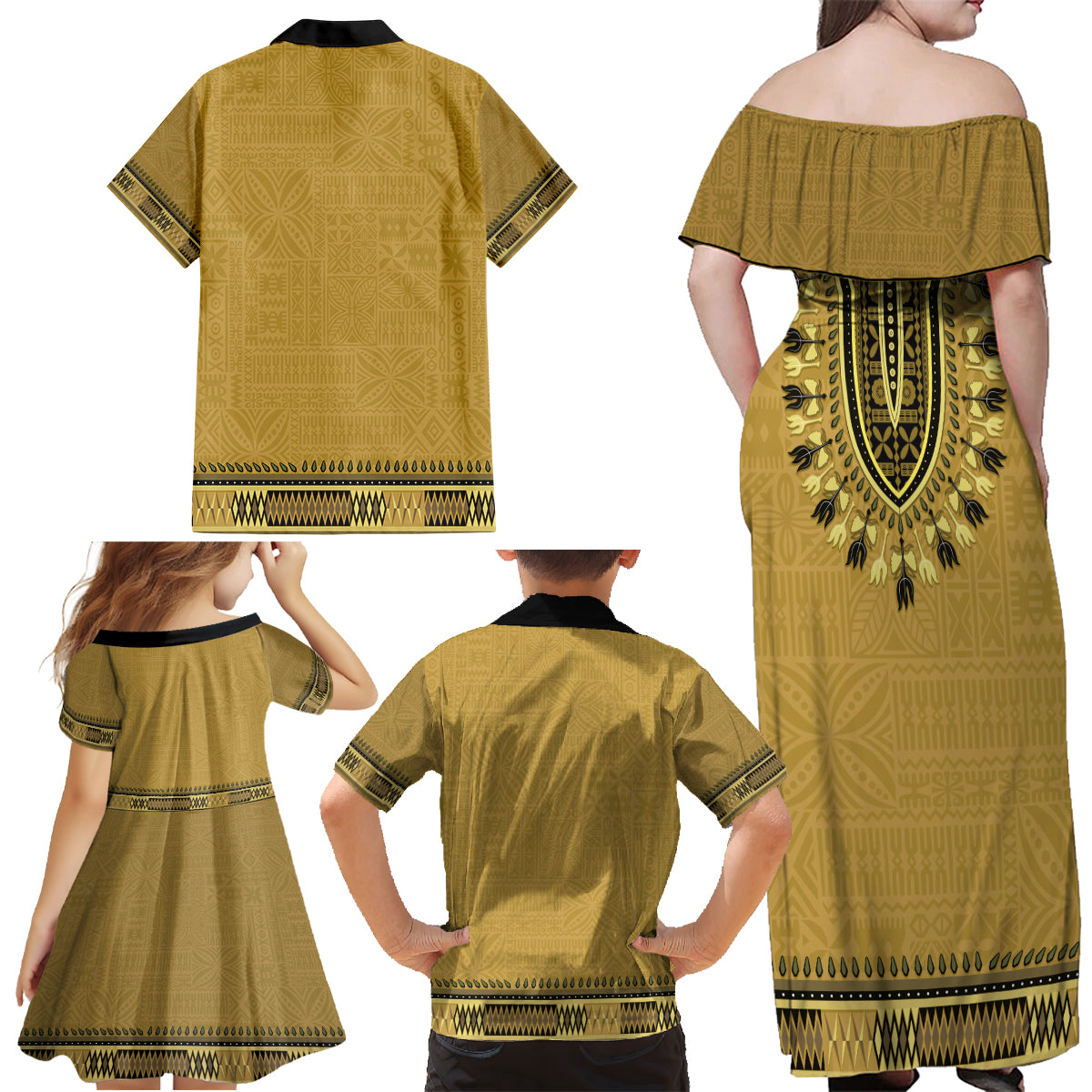 Gold African Dashiki With Fijian Tapa Pattern Family Matching Off Shoulder Maxi Dress and Hawaiian Shirt LT14 - Polynesian Pride