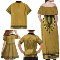 Gold African Dashiki With Fijian Tapa Pattern Family Matching Off Shoulder Maxi Dress and Hawaiian Shirt LT14 - Polynesian Pride