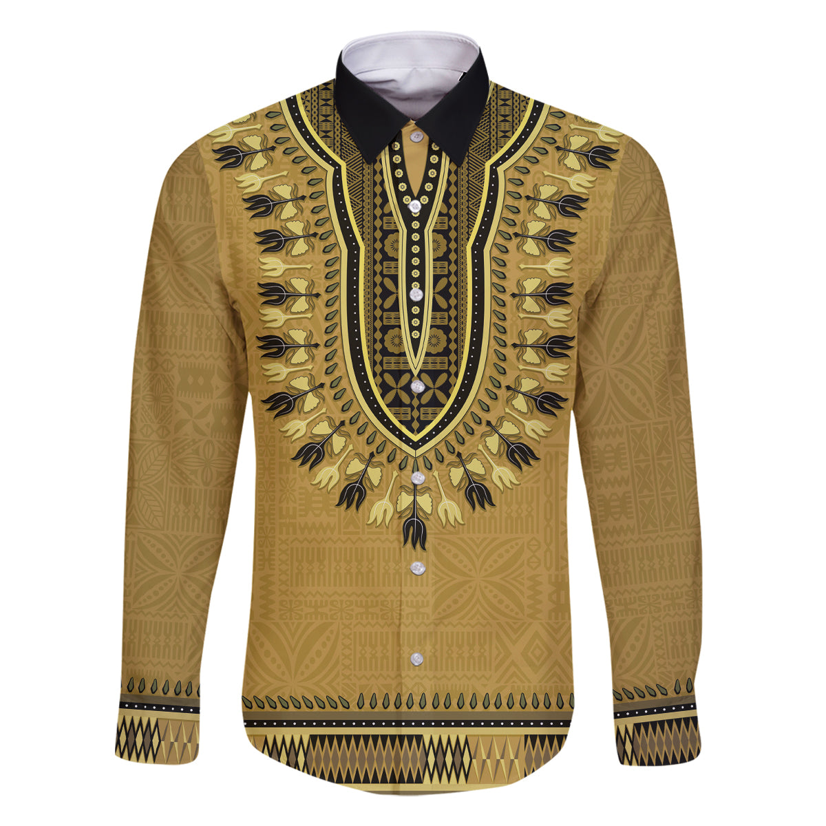 Gold African Dashiki With Fijian Tapa Pattern Family Matching Off Shoulder Maxi Dress and Hawaiian Shirt LT14 Dad's Shirt - Long Sleeve Gold - Polynesian Pride