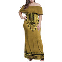 Gold African Dashiki With Fijian Tapa Pattern Family Matching Off Shoulder Maxi Dress and Hawaiian Shirt LT14 Mom's Dress Gold - Polynesian Pride