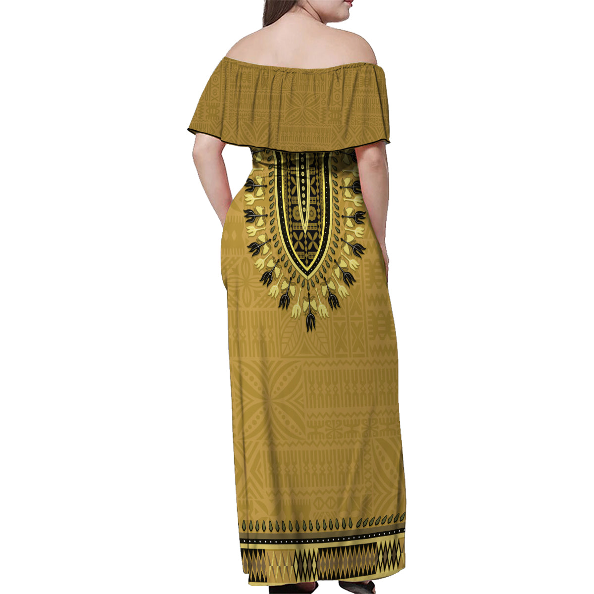 Gold African Dashiki With Fijian Tapa Pattern Family Matching Off Shoulder Maxi Dress and Hawaiian Shirt LT14 - Polynesian Pride