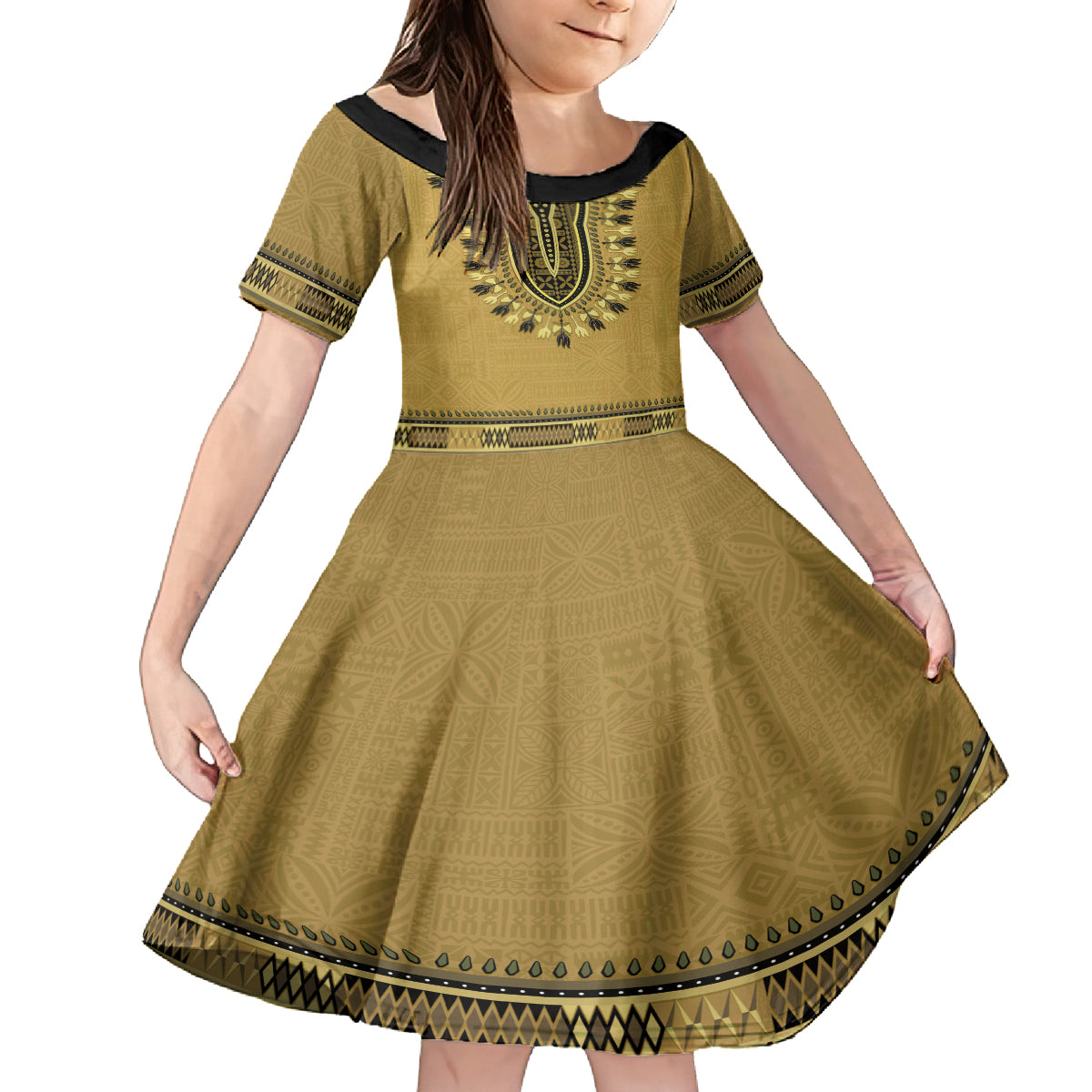 Gold African Dashiki With Fijian Tapa Pattern Family Matching Off Shoulder Short Dress and Hawaiian Shirt LT14 Daughter's Dress Gold - Polynesian Pride