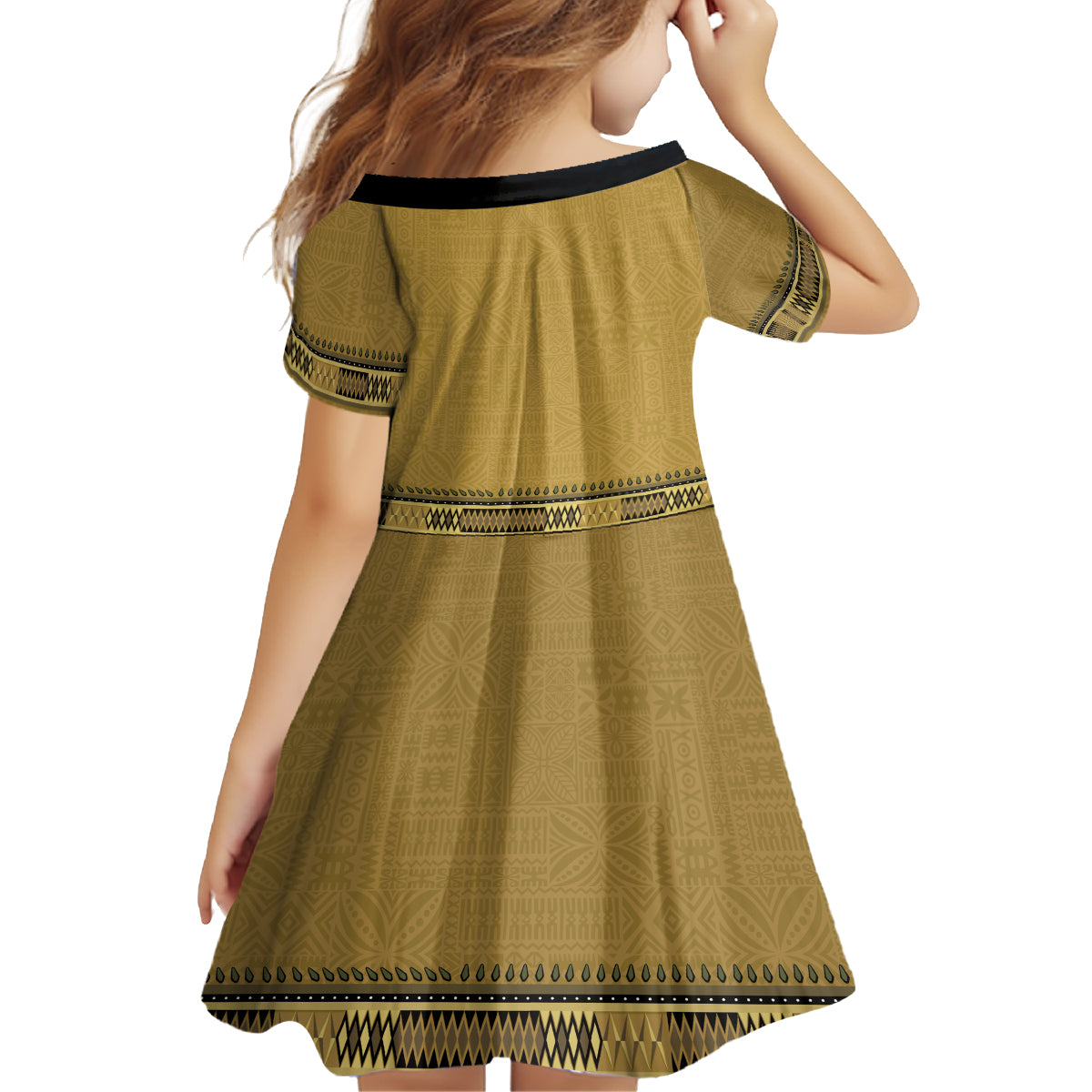 Gold African Dashiki With Fijian Tapa Pattern Family Matching Off Shoulder Short Dress and Hawaiian Shirt LT14 - Polynesian Pride