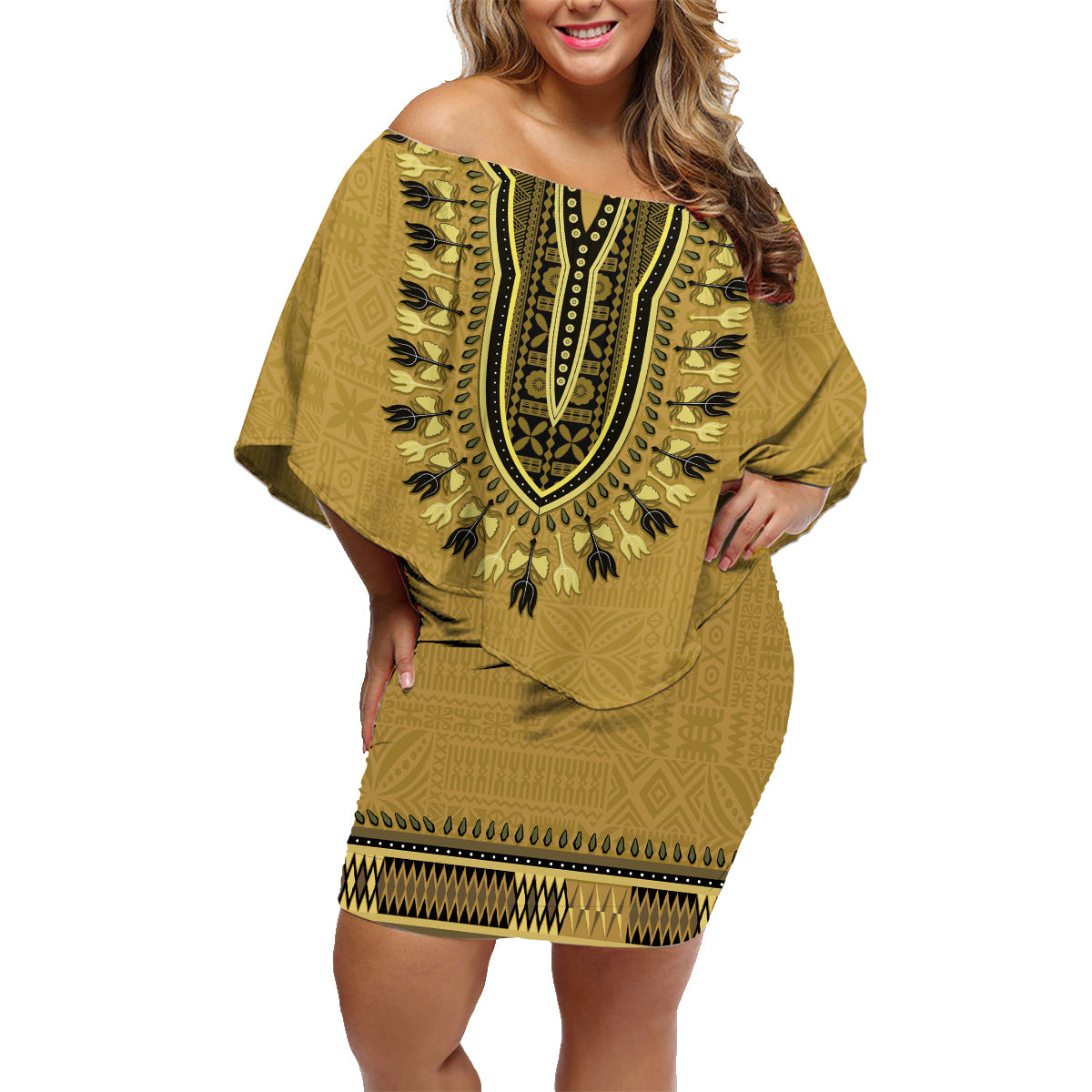 Gold African Dashiki With Fijian Tapa Pattern Family Matching Off Shoulder Short Dress and Hawaiian Shirt LT14 Mom's Dress Gold - Polynesian Pride
