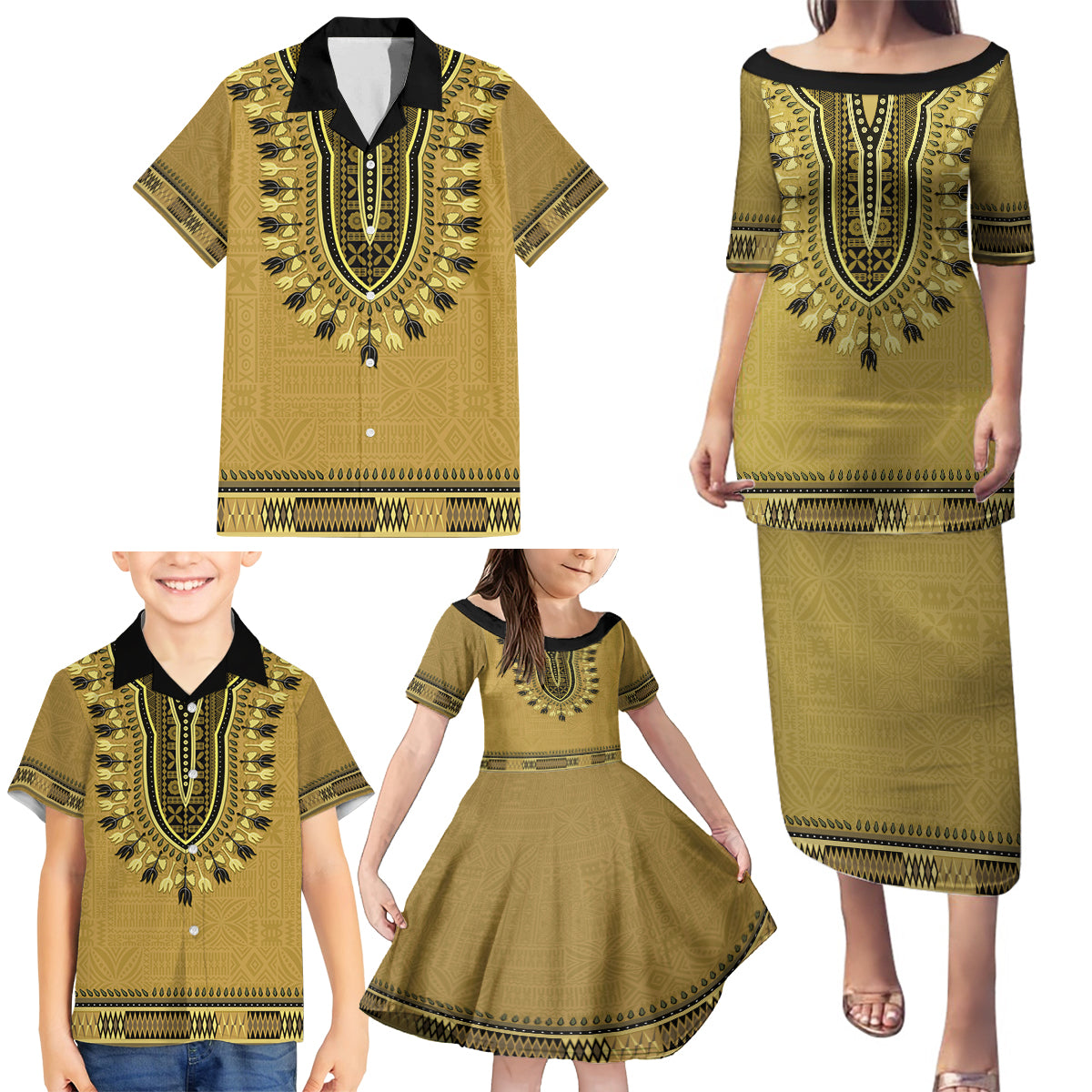Gold African Dashiki With Fijian Tapa Pattern Family Matching Puletasi and Hawaiian Shirt LT14 - Polynesian Pride