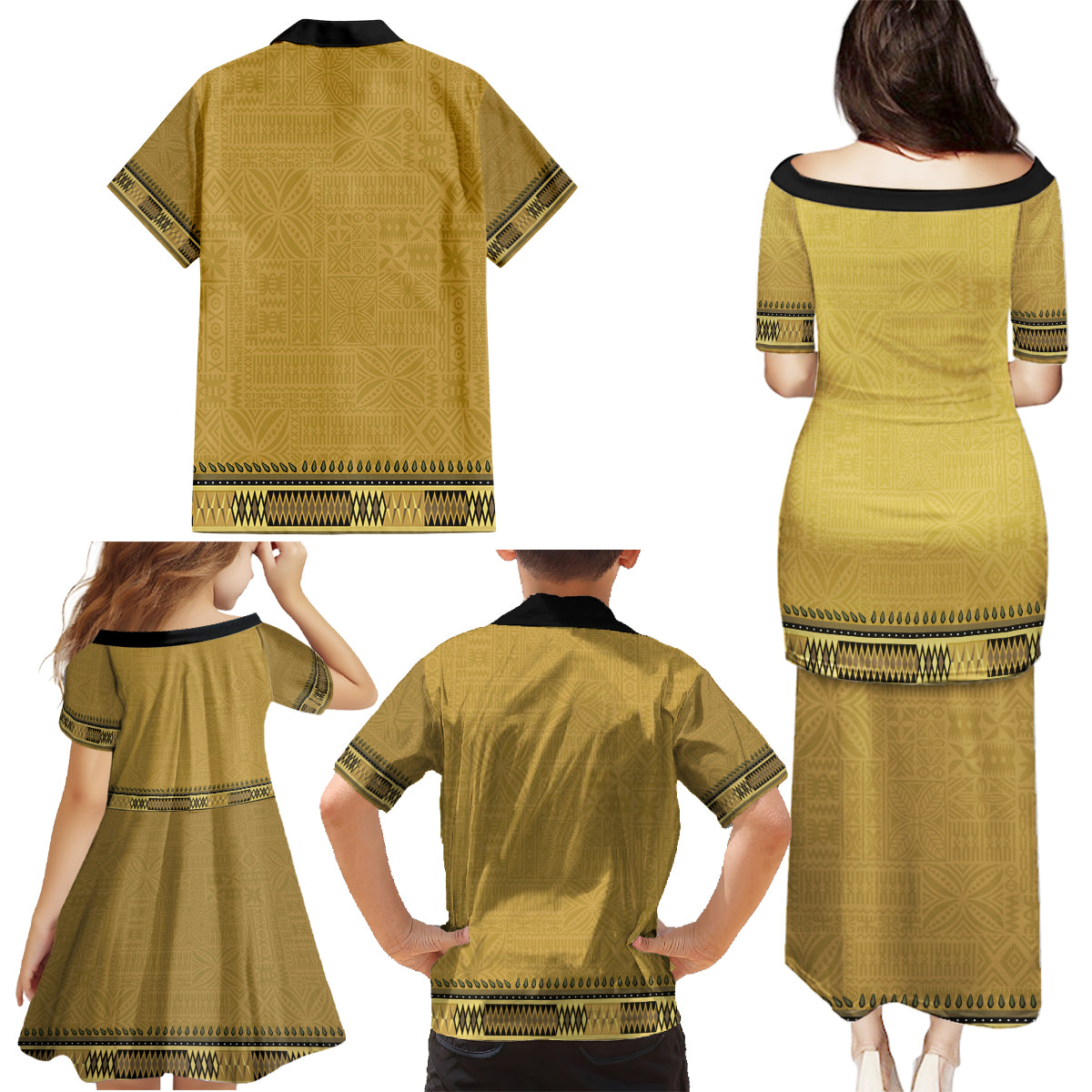 Gold African Dashiki With Fijian Tapa Pattern Family Matching Puletasi and Hawaiian Shirt LT14 - Polynesian Pride