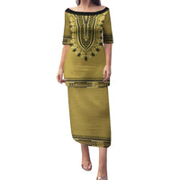 Gold African Dashiki With Fijian Tapa Pattern Family Matching Puletasi and Hawaiian Shirt LT14 Mom's Dress Gold - Polynesian Pride