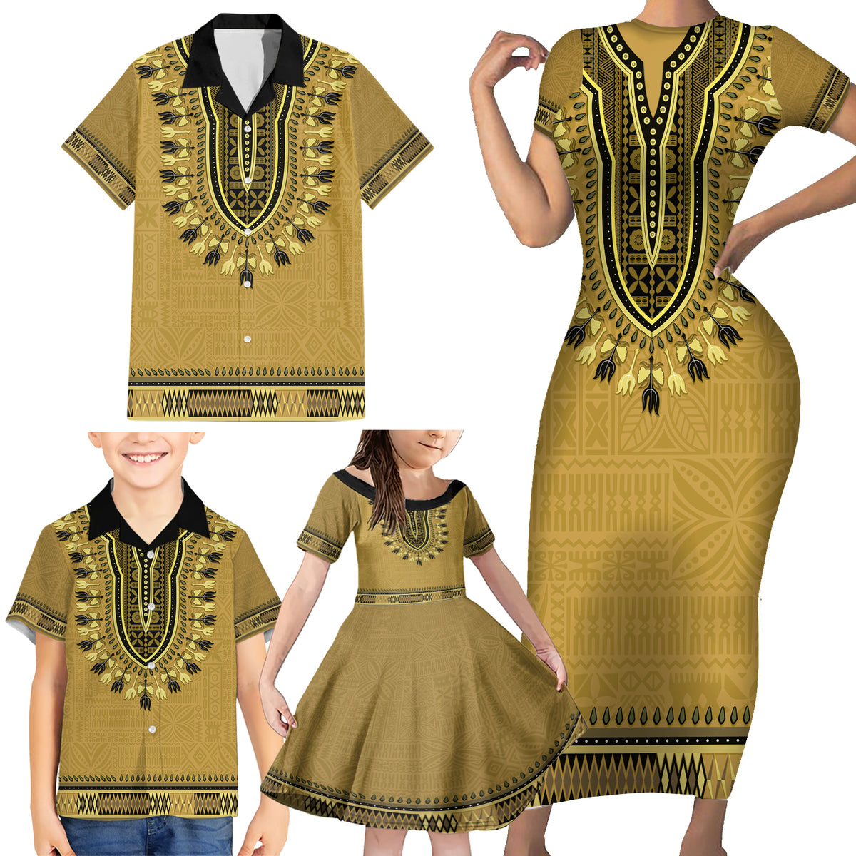 Gold African Dashiki With Fijian Tapa Pattern Family Matching Short Sleeve Bodycon Dress and Hawaiian Shirt LT14 - Polynesian Pride