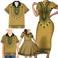 Gold African Dashiki With Fijian Tapa Pattern Family Matching Short Sleeve Bodycon Dress and Hawaiian Shirt LT14 - Polynesian Pride