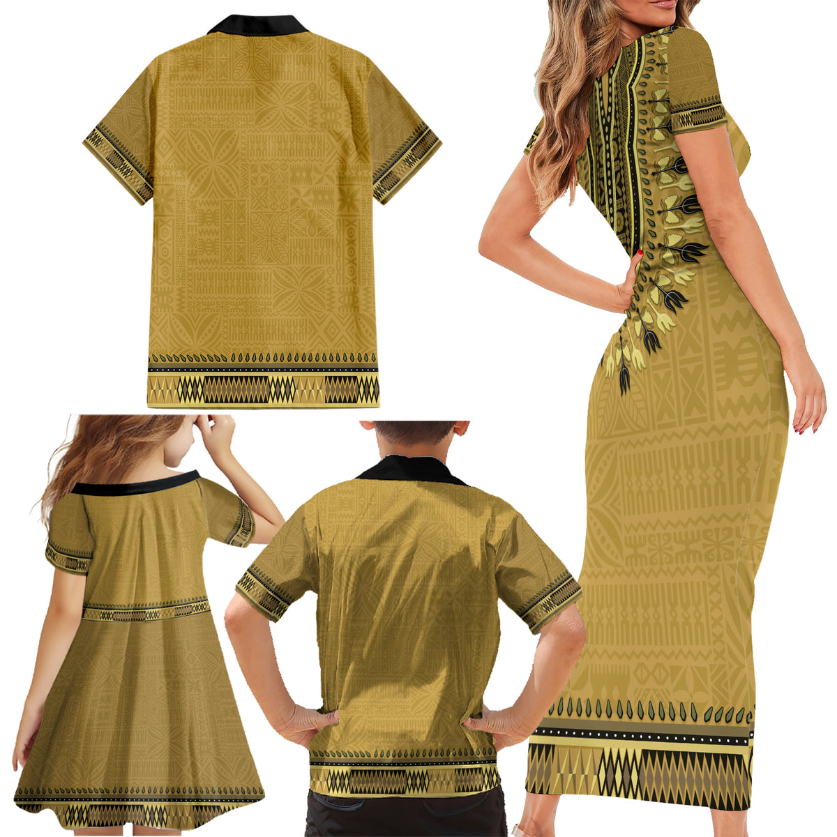 Gold African Dashiki With Fijian Tapa Pattern Family Matching Short Sleeve Bodycon Dress and Hawaiian Shirt LT14 - Polynesian Pride
