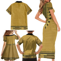 Gold African Dashiki With Fijian Tapa Pattern Family Matching Short Sleeve Bodycon Dress and Hawaiian Shirt LT14 - Polynesian Pride