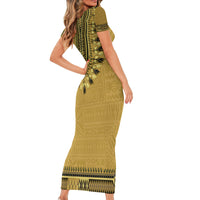 Gold African Dashiki With Fijian Tapa Pattern Family Matching Short Sleeve Bodycon Dress and Hawaiian Shirt LT14 - Polynesian Pride