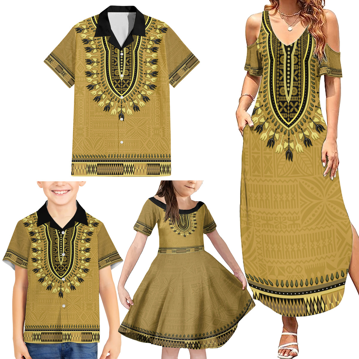 Gold African Dashiki With Fijian Tapa Pattern Family Matching Summer Maxi Dress and Hawaiian Shirt LT14 - Polynesian Pride