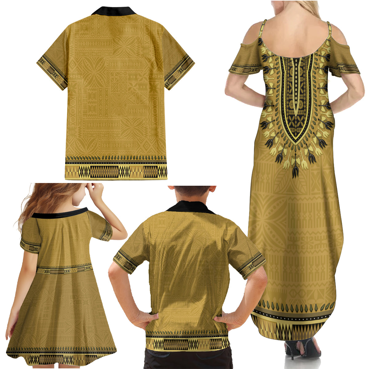 Gold African Dashiki With Fijian Tapa Pattern Family Matching Summer Maxi Dress and Hawaiian Shirt LT14 - Polynesian Pride