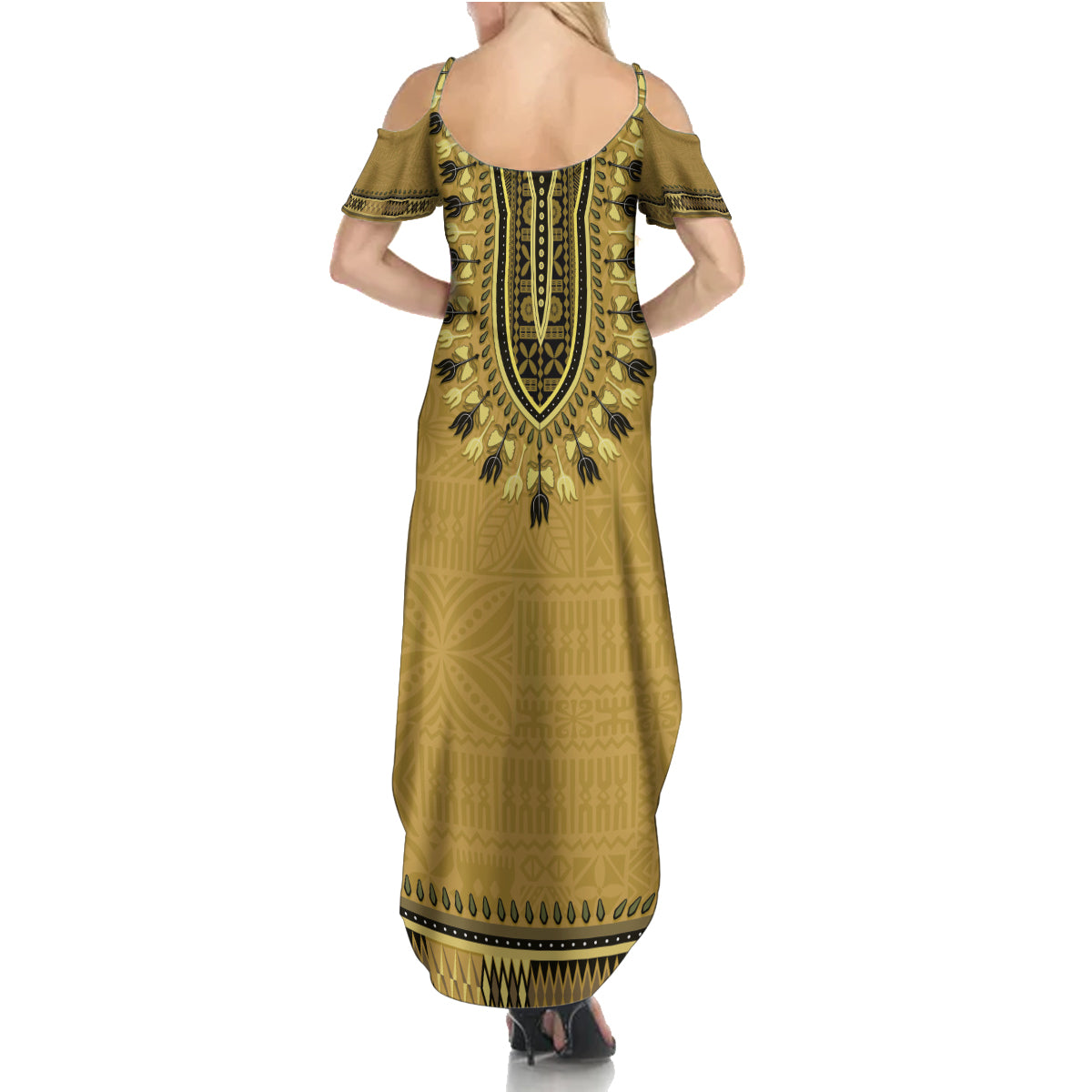 Gold African Dashiki With Fijian Tapa Pattern Family Matching Summer Maxi Dress and Hawaiian Shirt LT14 - Polynesian Pride