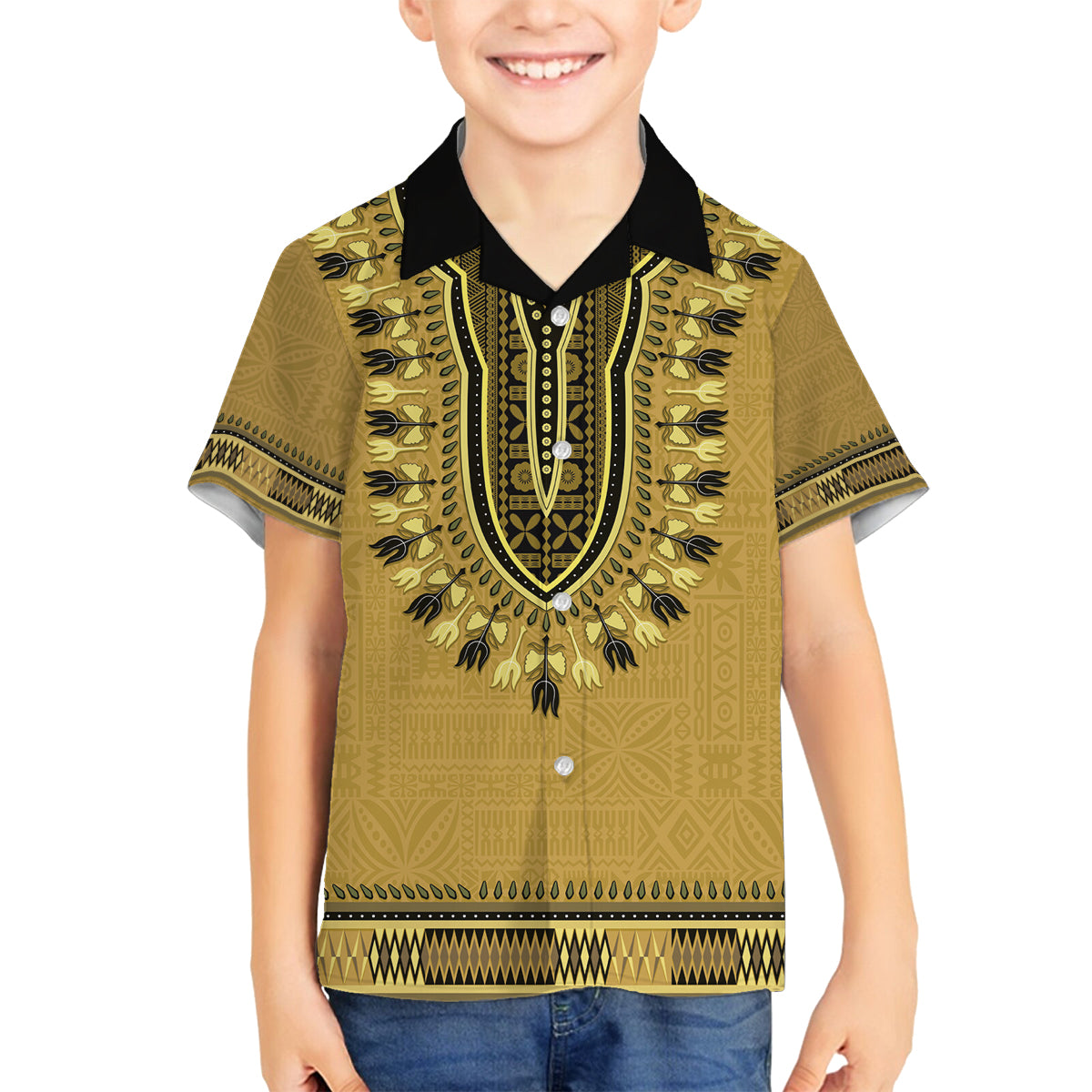 Gold African Dashiki With Fijian Tapa Pattern Family Matching Summer Maxi Dress and Hawaiian Shirt LT14 Son's Shirt Gold - Polynesian Pride