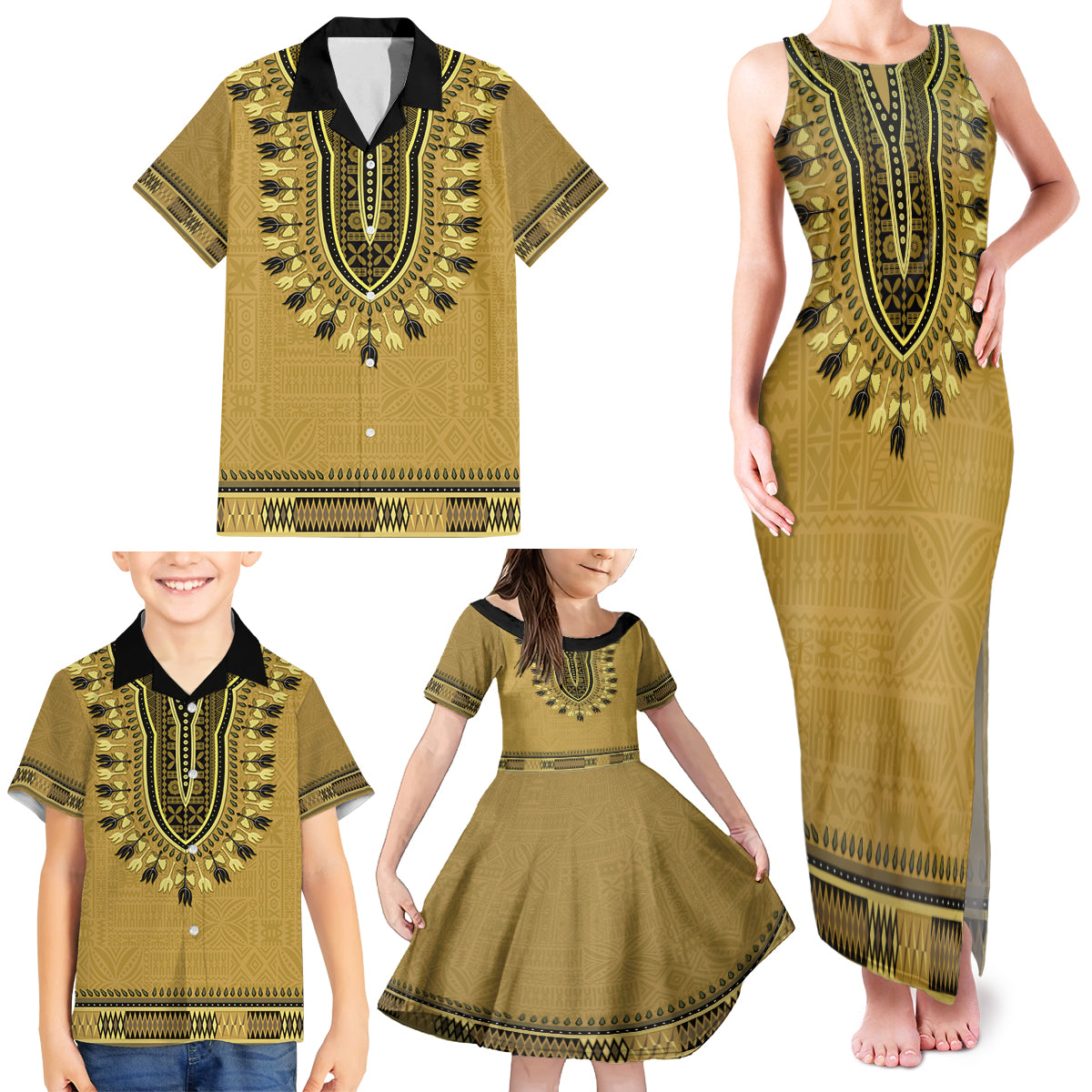 Gold African Dashiki With Fijian Tapa Pattern Family Matching Tank Maxi Dress and Hawaiian Shirt LT14 - Polynesian Pride