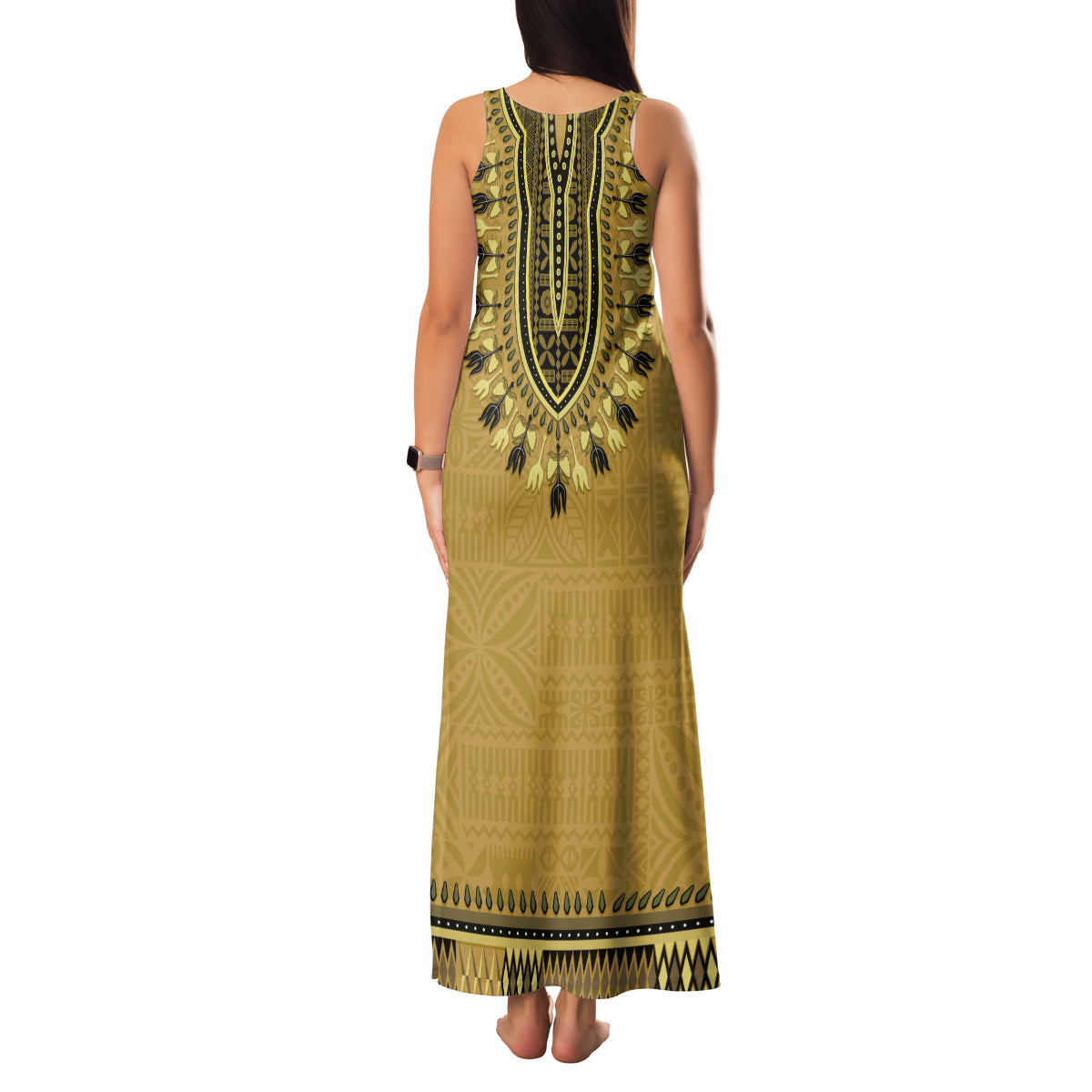 Gold African Dashiki With Fijian Tapa Pattern Family Matching Tank Maxi Dress and Hawaiian Shirt LT14 - Polynesian Pride