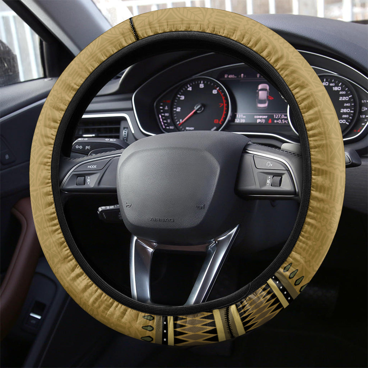 Gold African Dashiki With Fijian Tapa Pattern Steering Wheel Cover