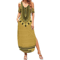 Gold African Dashiki With Fijian Tapa Pattern Summer Maxi Dress LT14 Women Gold - Polynesian Pride