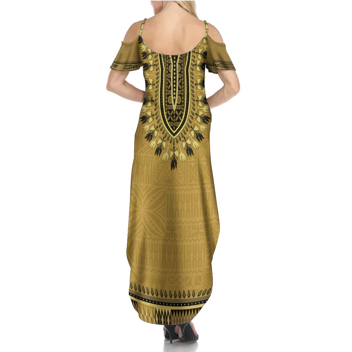 Gold African Dashiki With Fijian Tapa Pattern Summer Maxi Dress LT14 - Polynesian Pride