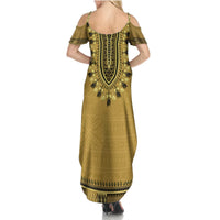 Gold African Dashiki With Fijian Tapa Pattern Summer Maxi Dress LT14 - Polynesian Pride