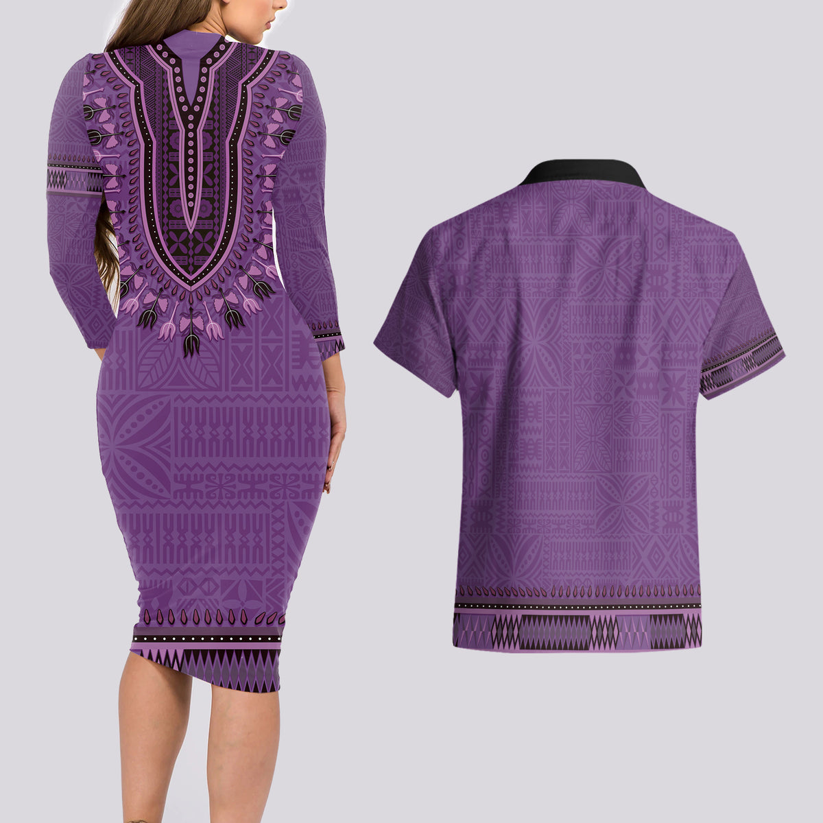 Purple African Dashiki With Fijian Tapa Pattern Couples Matching Long Sleeve Bodycon Dress and Hawaiian Shirt LT14 - Polynesian Pride